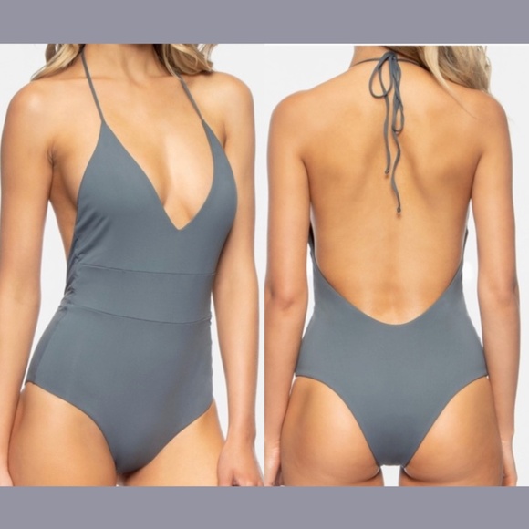 NEW Tavik [ Small ] Chase Deep‎ V-Neck One-Piece Swimsuit in Turbulence Grey - Picture 1 of 10